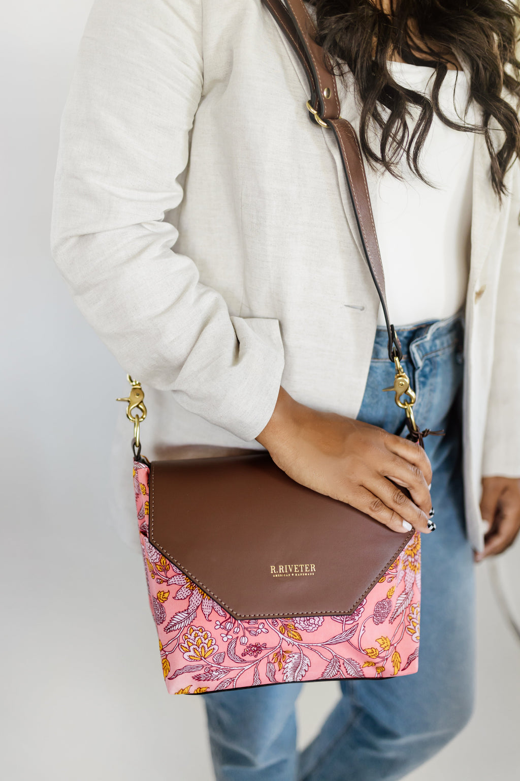 Hobby | Rose Bandana Printed Nylon + Brown Leather Shoulder Bag