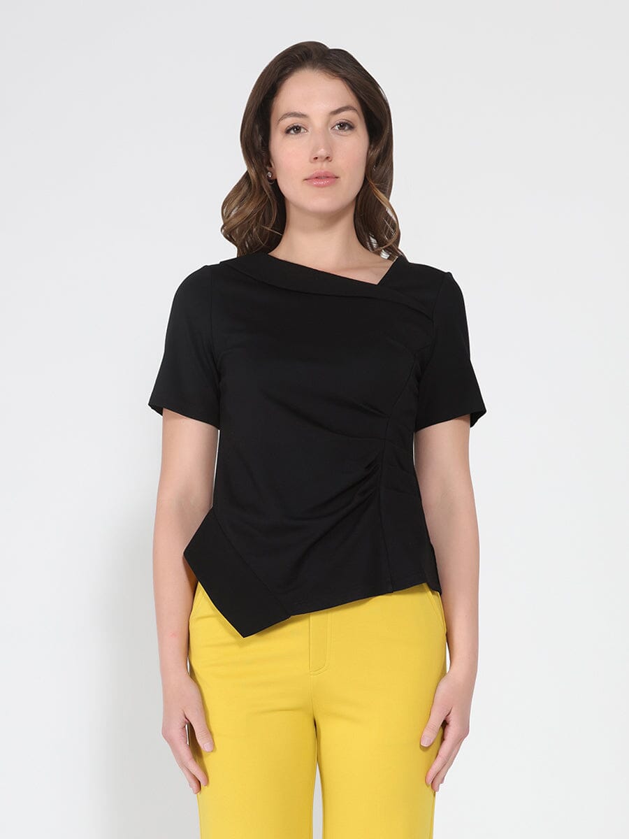 Asymmetrical neck ruched detail solid top