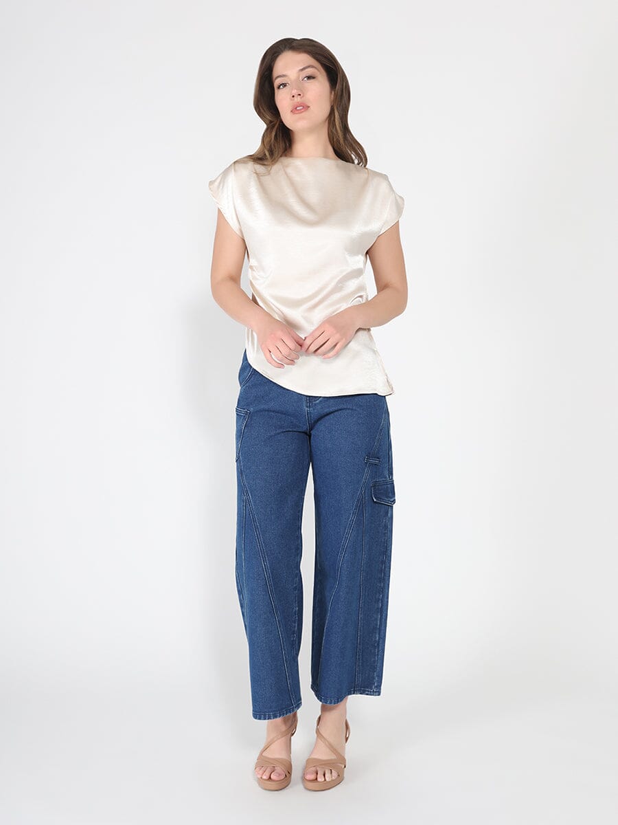 Asymmetrical side pleats short sleeve top