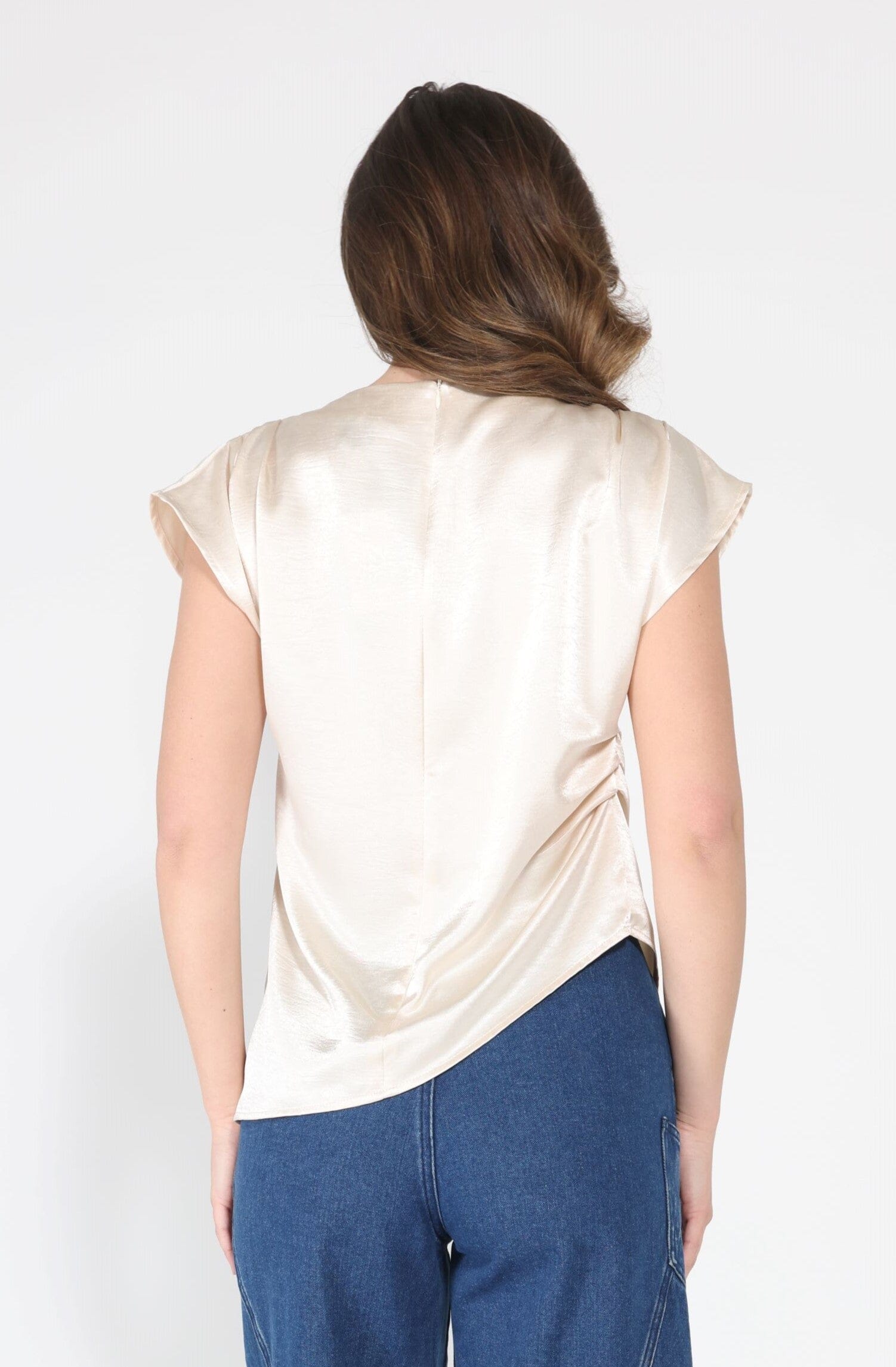 Asymmetrical side pleats short sleeve top