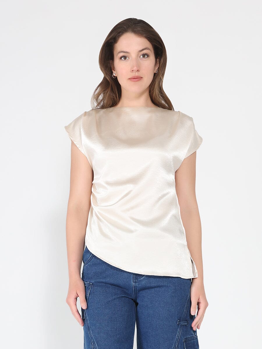 Asymmetrical side pleats short sleeve top