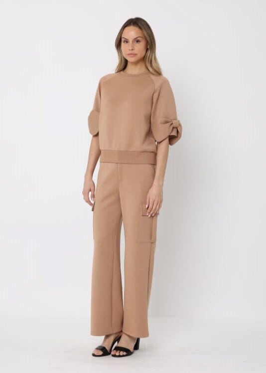 Gracia Fashion Women's Bow detail sleeve round neck solid top