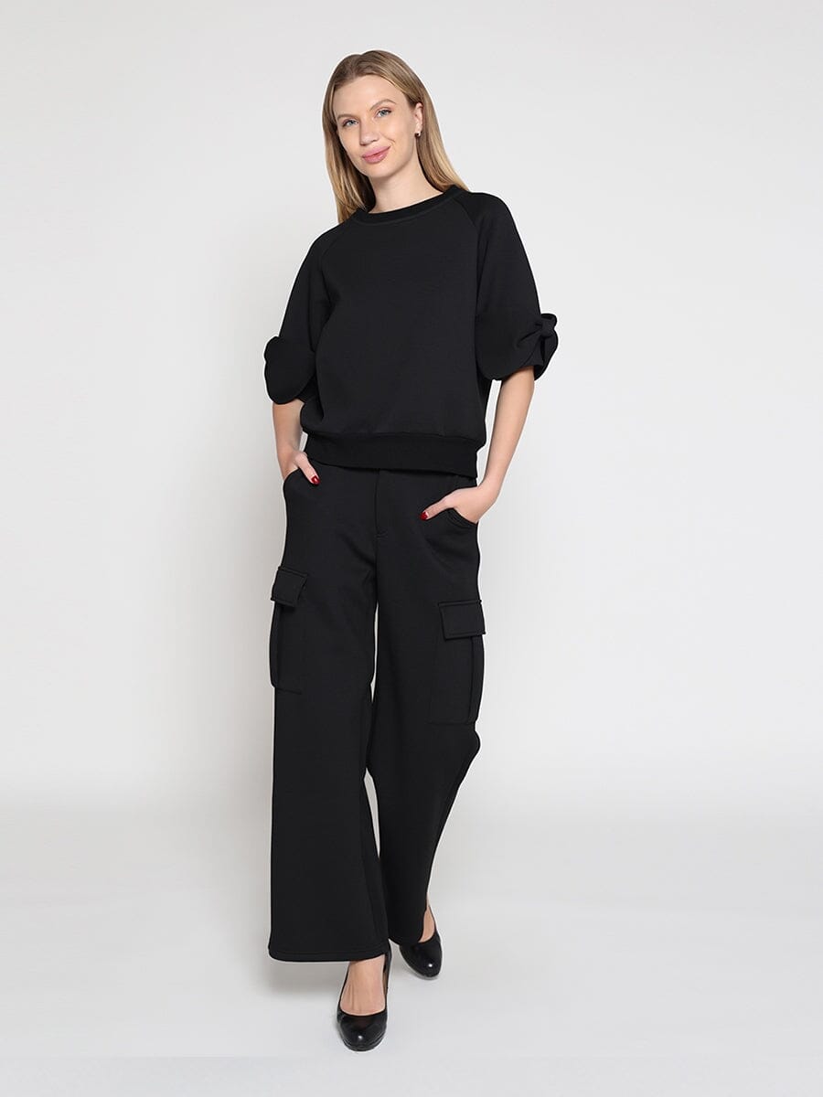 Bow detail sleeve round neck solid top