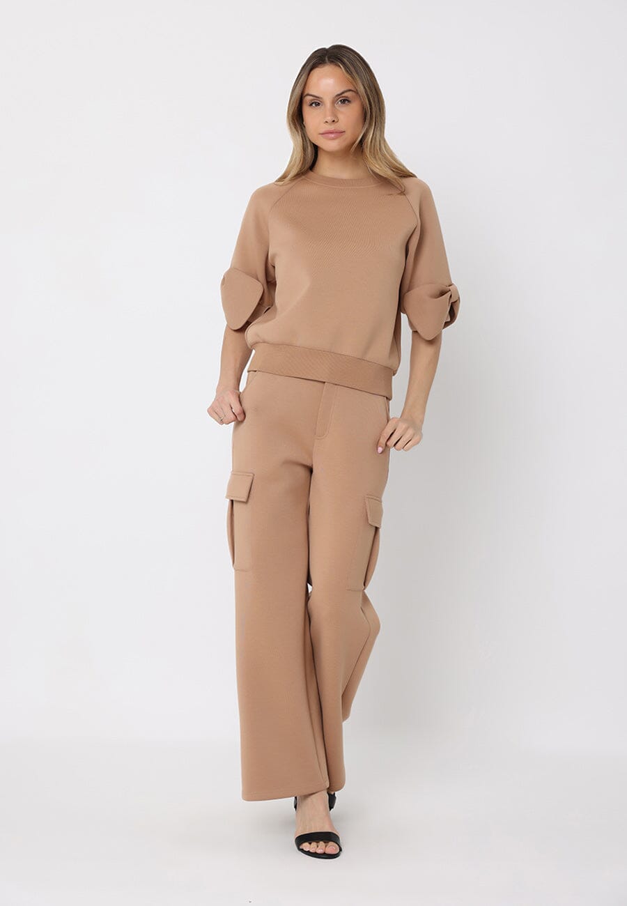 Gracia Fashion Women's Bow detail sleeve round neck solid top