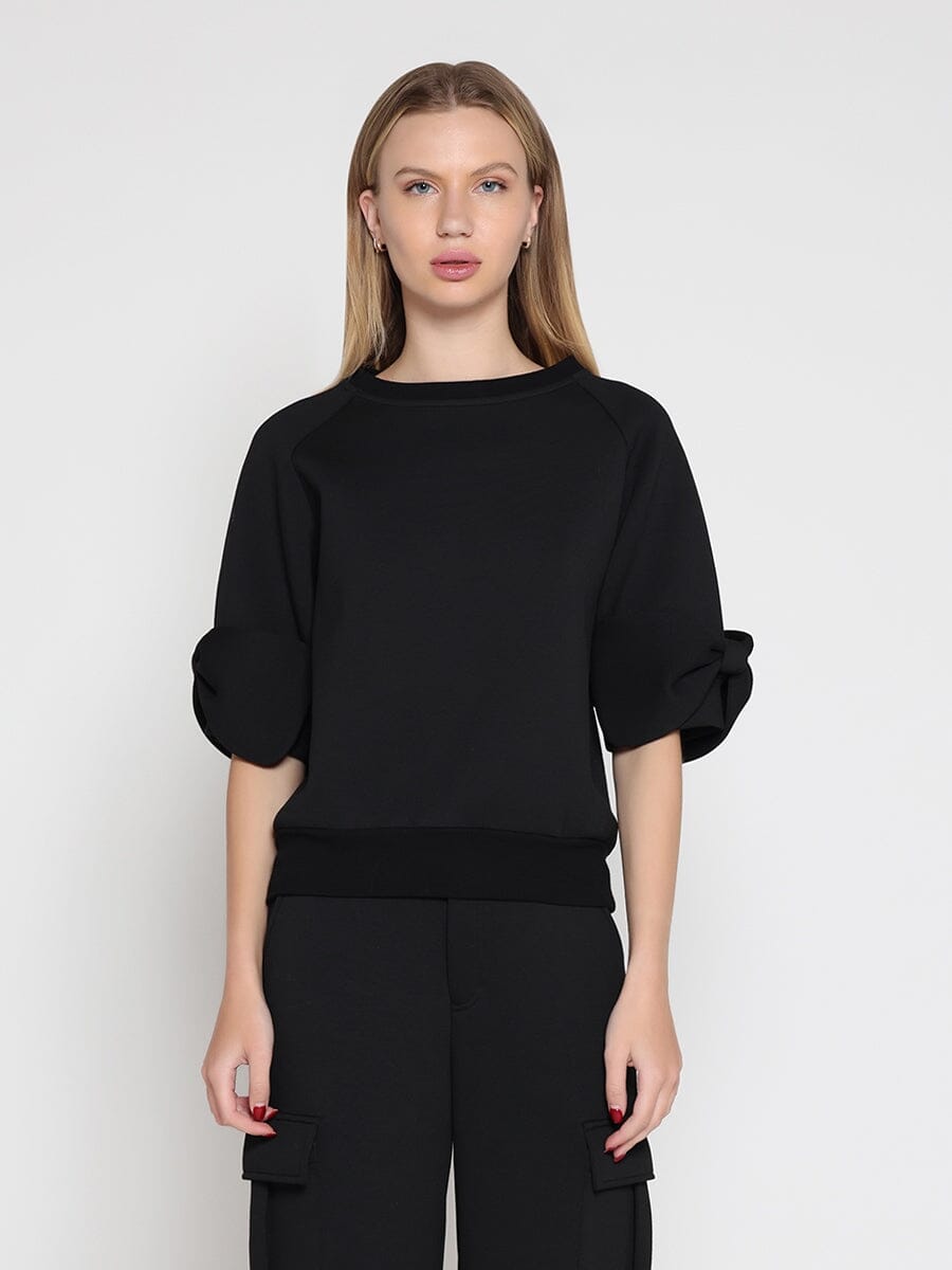 Bow detail sleeve round neck solid top