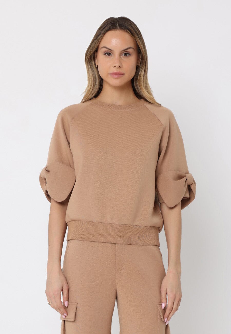 Gracia Fashion Women's Bow detail sleeve round neck solid top