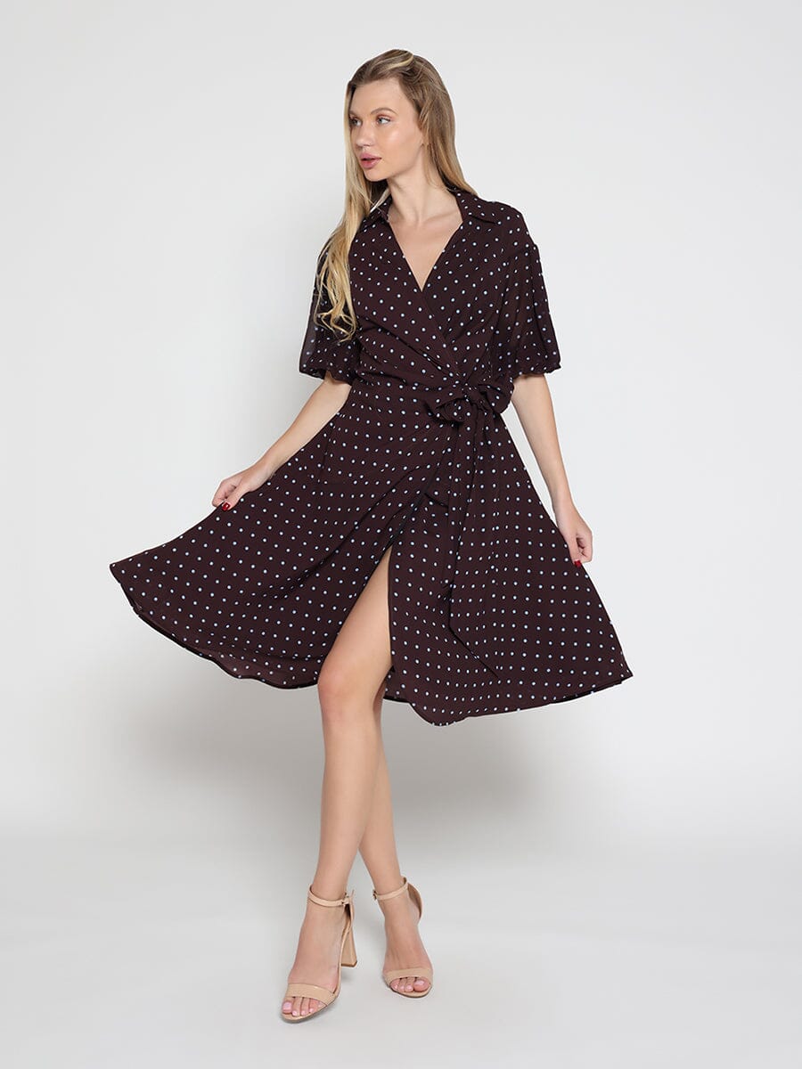 Brown polka dot wrap dress