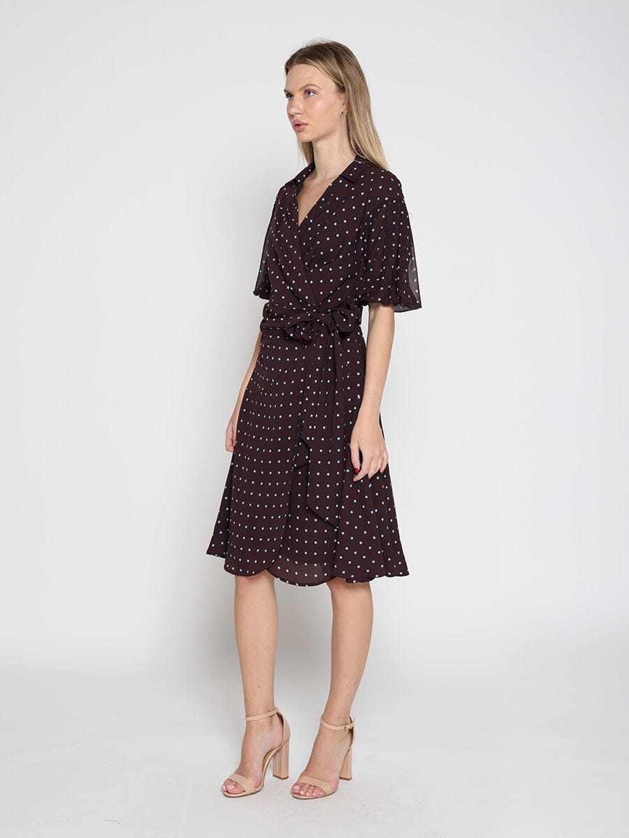 Brown polka dot wrap dress