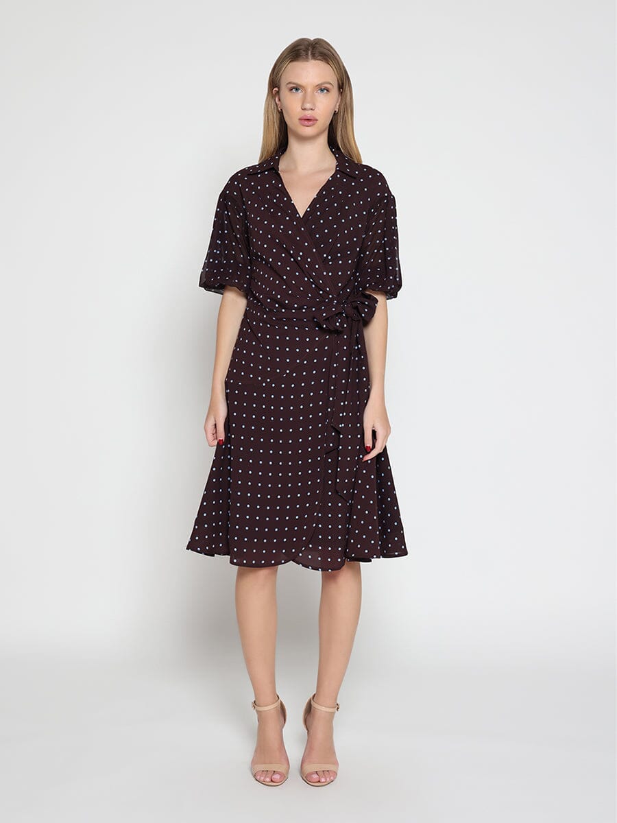 Brown polka dot wrap dress