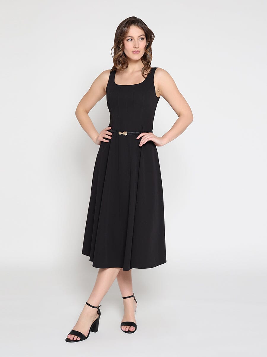 Buckle Belted Square Neck  A-Line Sleeveless Dress