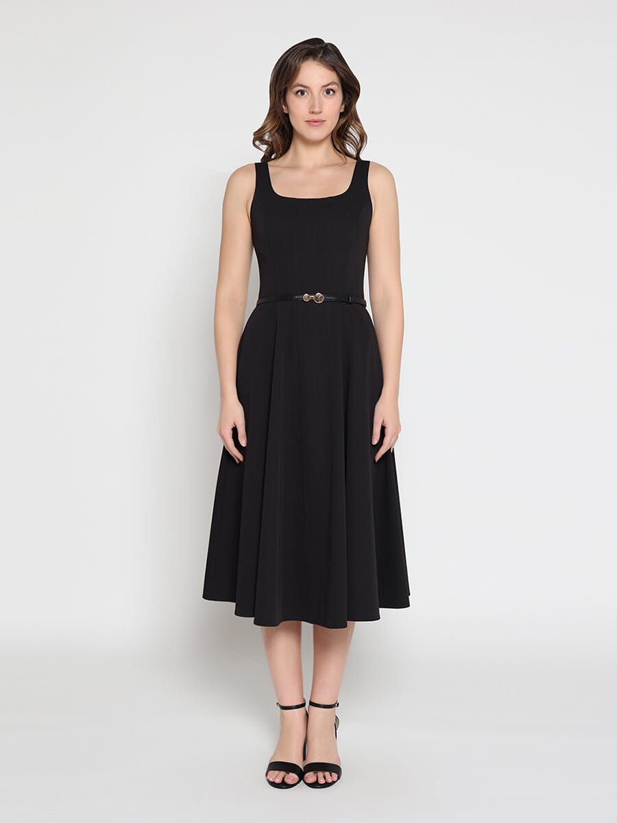 Buckle Belted Square Neck  A-Line Sleeveless Dress