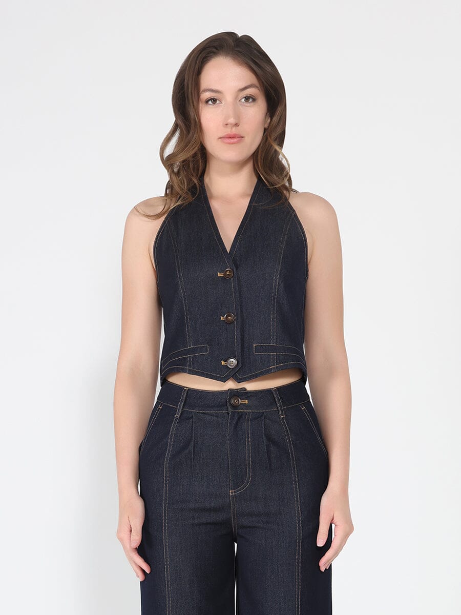 Button down halter neck sleeveless vest