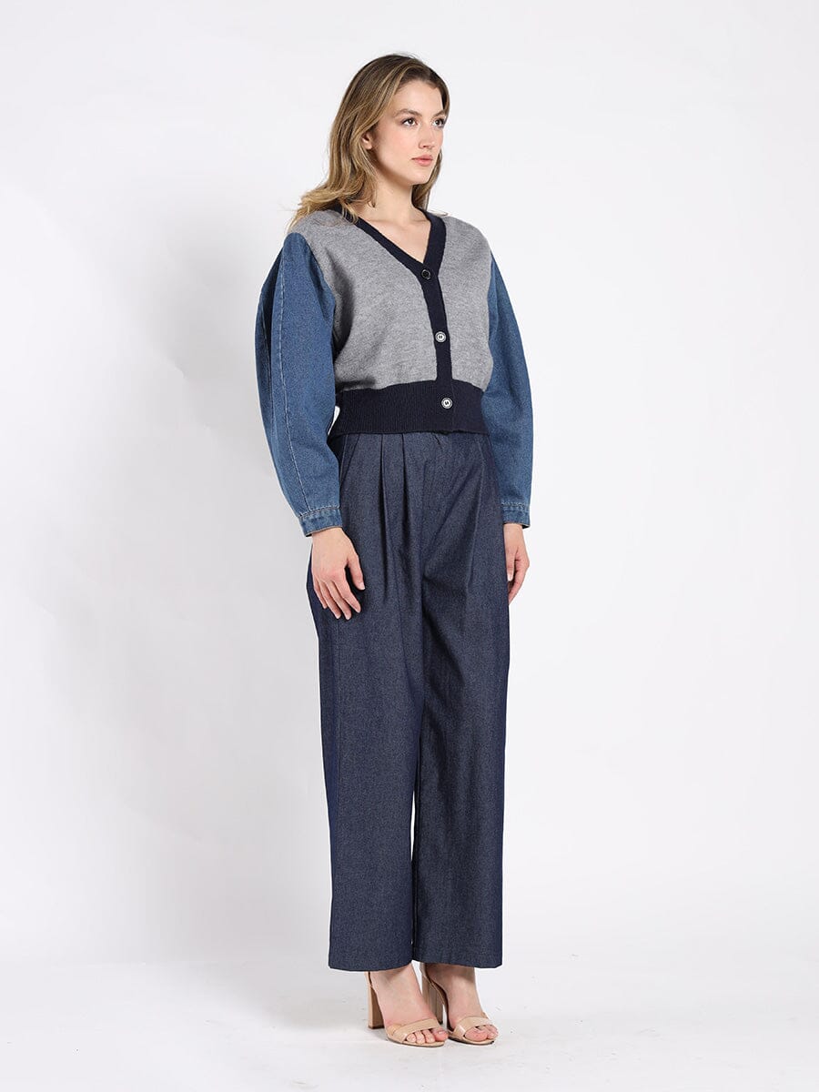 Contrast Cropped Denim Sleeve Button Up Cardigan