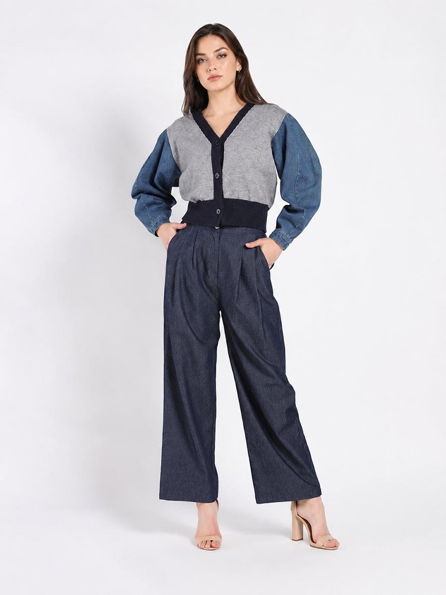 Contrast Cropped Denim Sleeve Button Up Cardigan