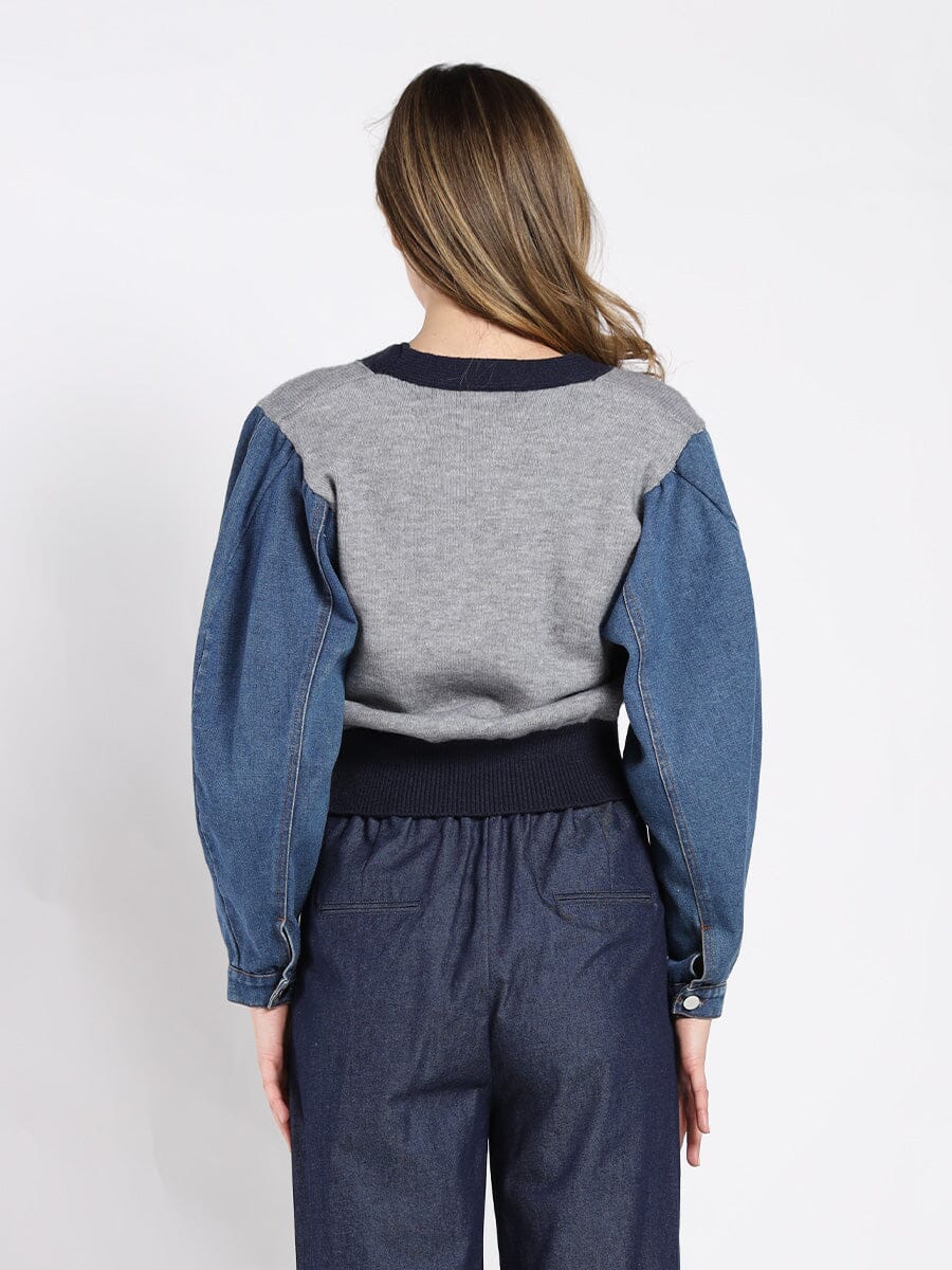 Contrast Cropped Denim Sleeve Button Up Cardigan