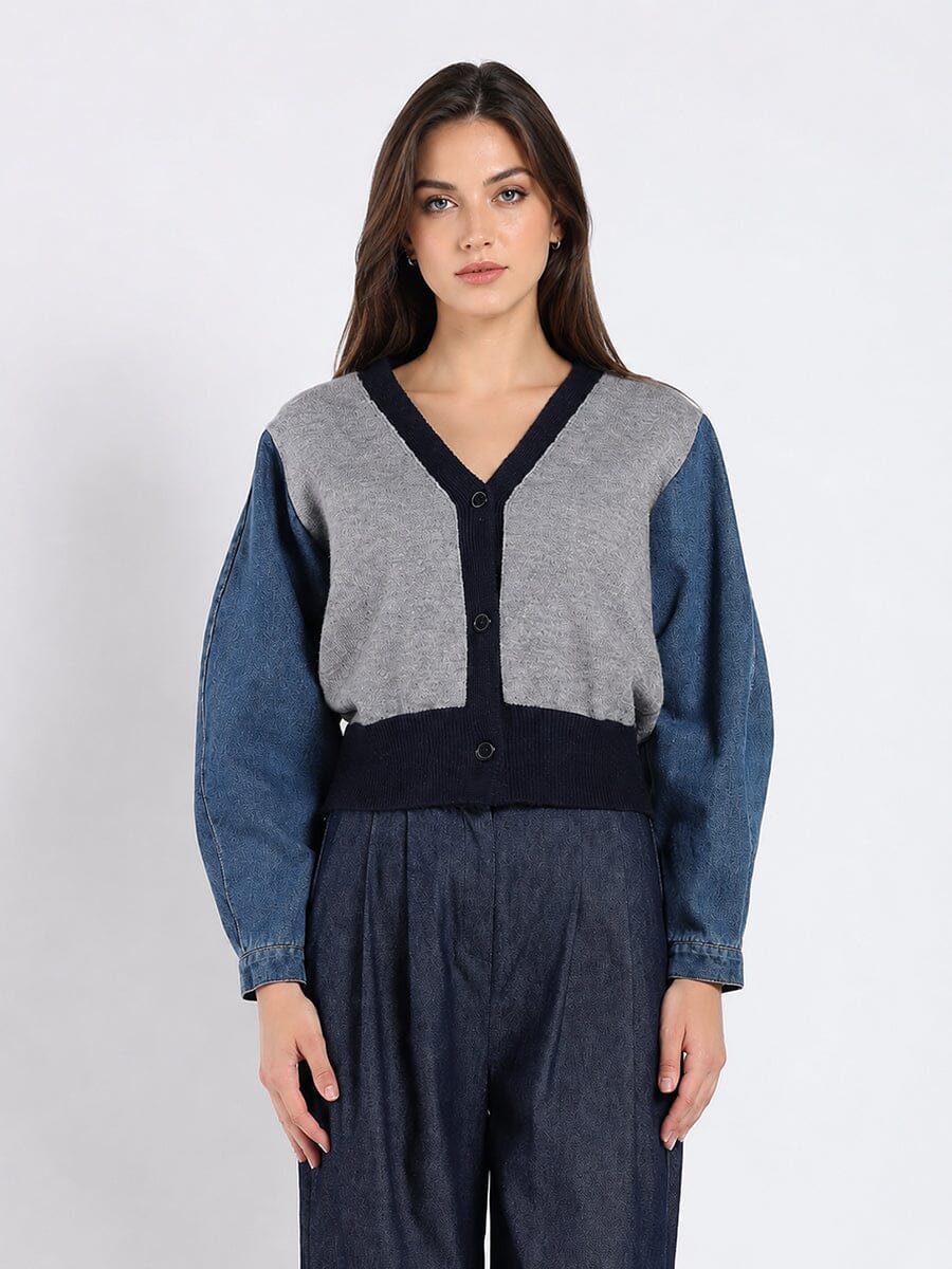 Contrast Cropped Denim Sleeve Button Up Cardigan