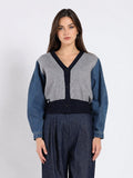 Contrast Cropped Denim Sleeve Button Up Cardigan