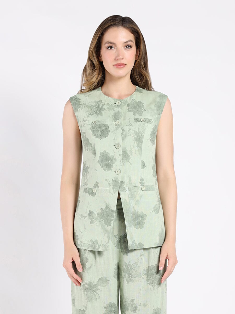 Crew neck printed vest with front button