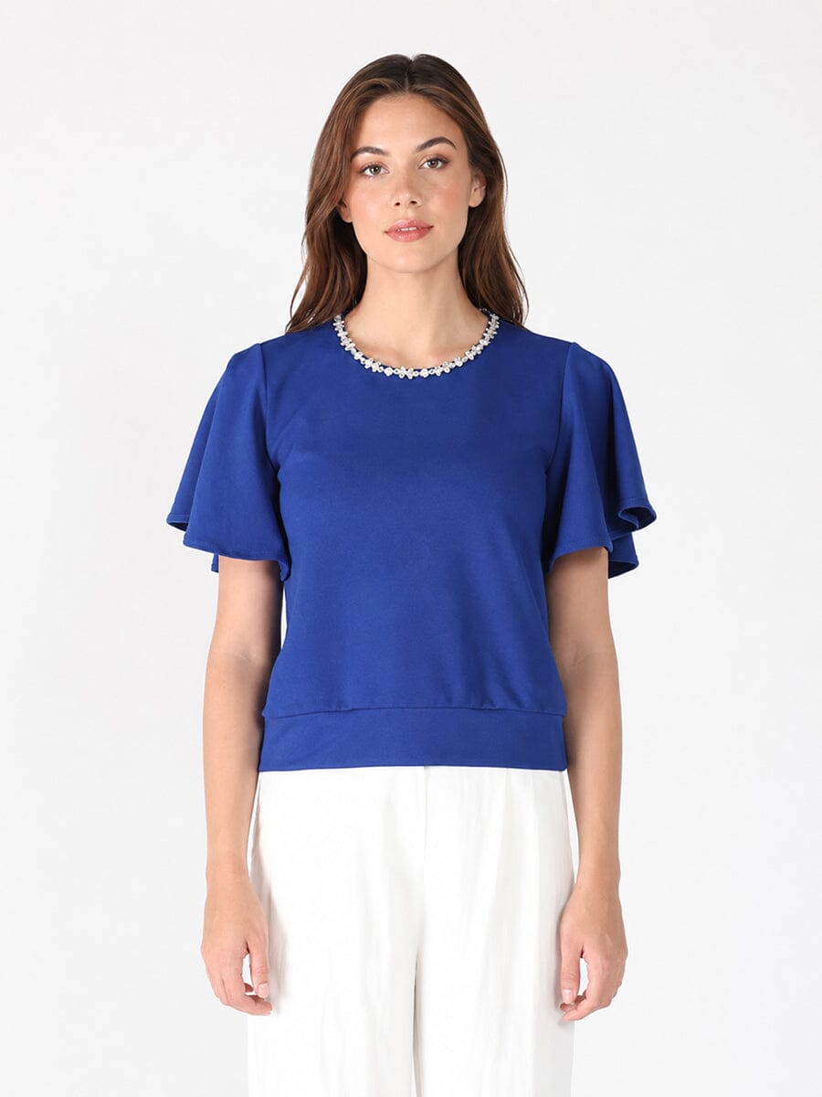 Gracia Fashion Women's Crystal Embroidered Crewneck Top