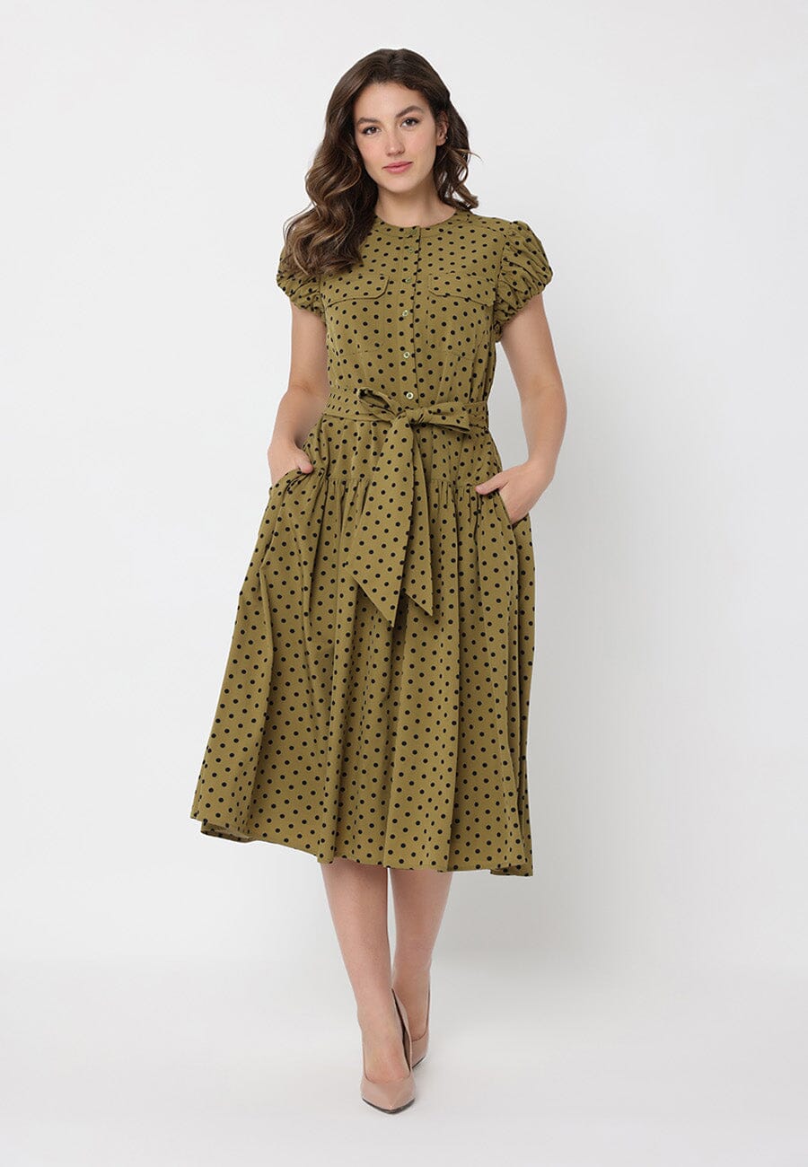 Dot Print Front Pocket with Belt Dress
