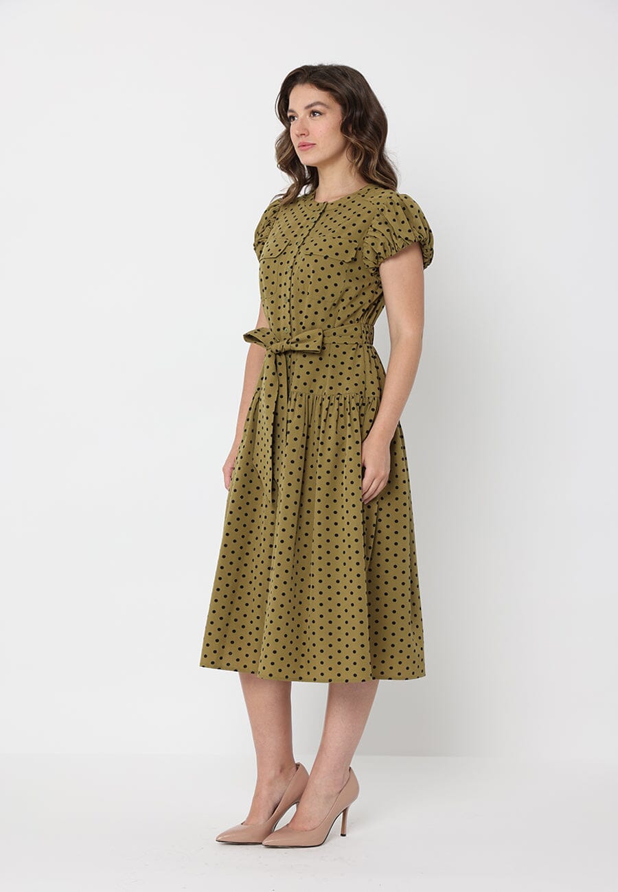 Dot Print Front Pocket with Belt Dress