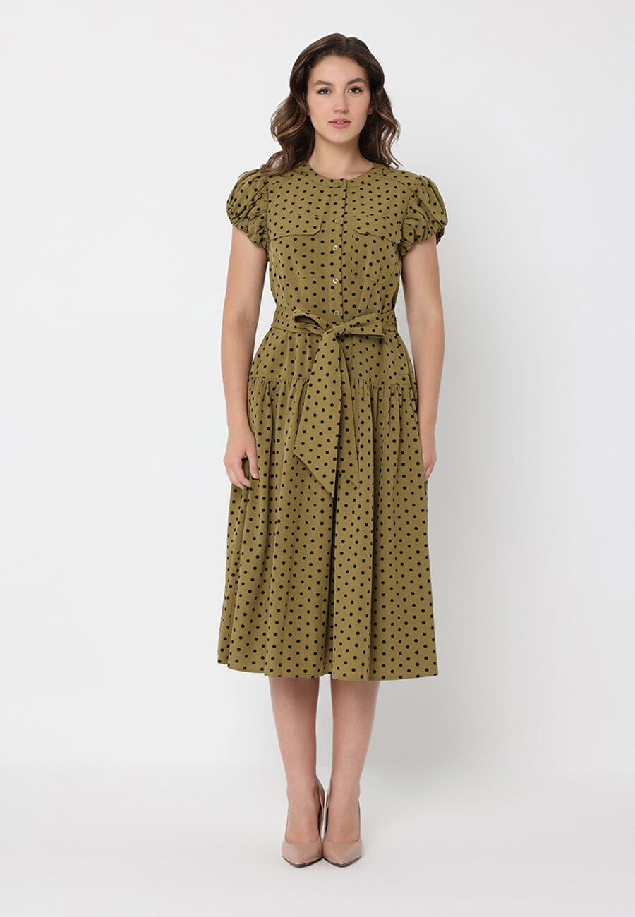 Dot Print Front Pocket with Belt Dress