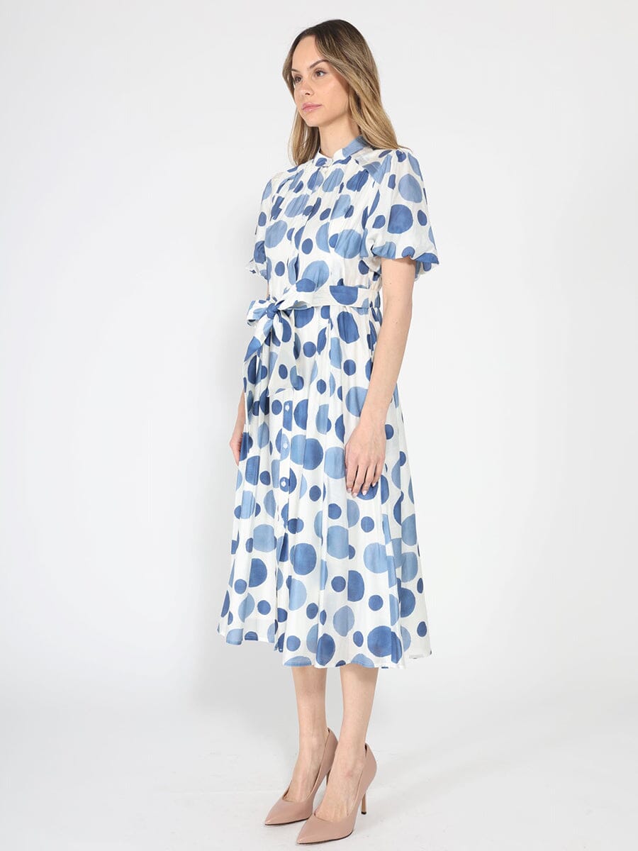 Dot print puff sleeve elastic back dress