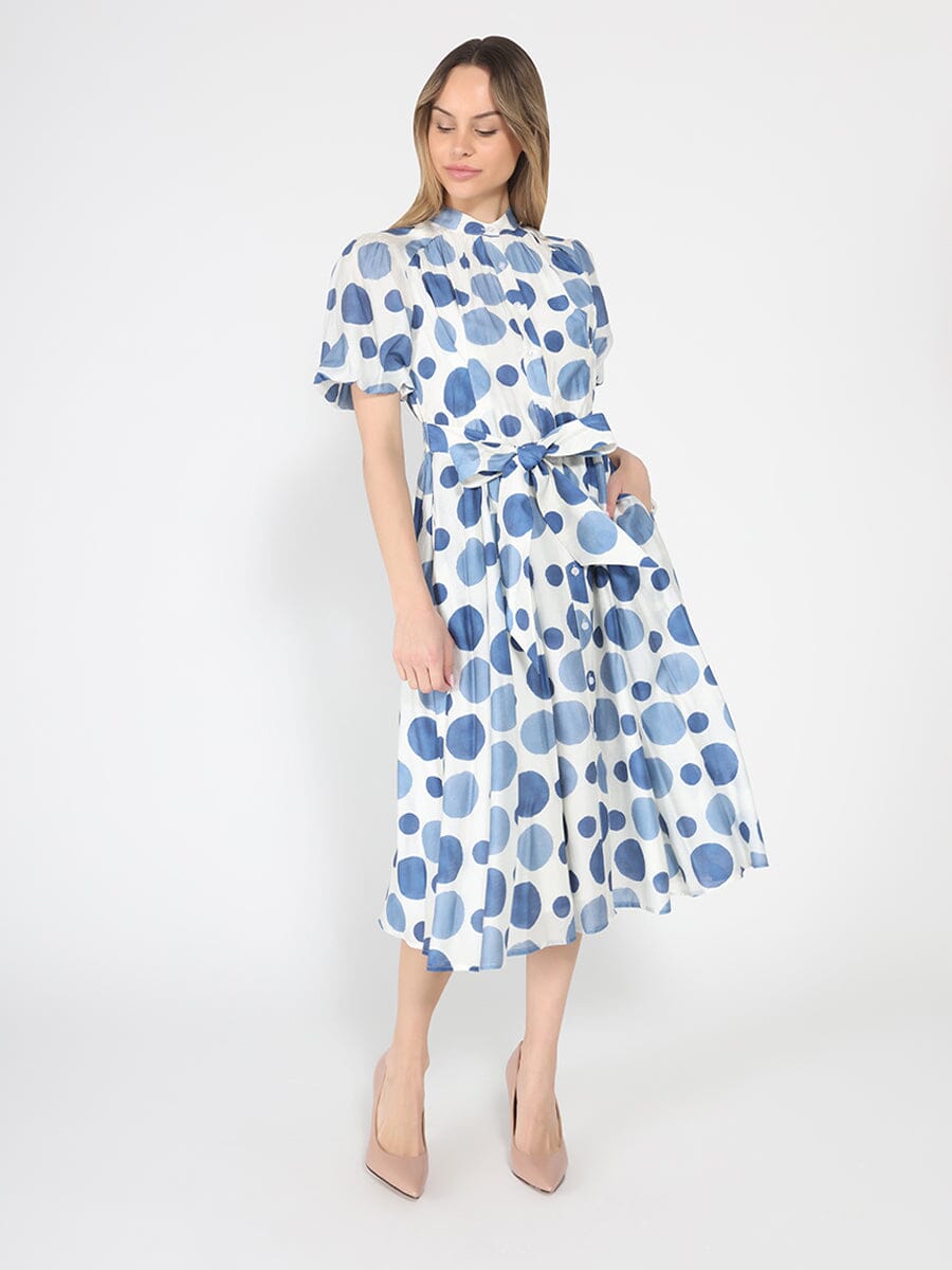 Dot print puff sleeve elastic back dress