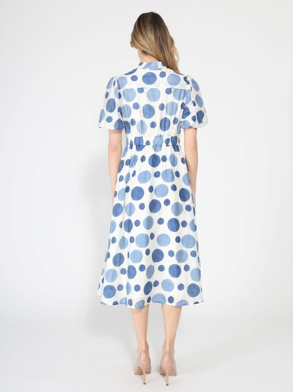 Dot print puff sleeve elastic back dress