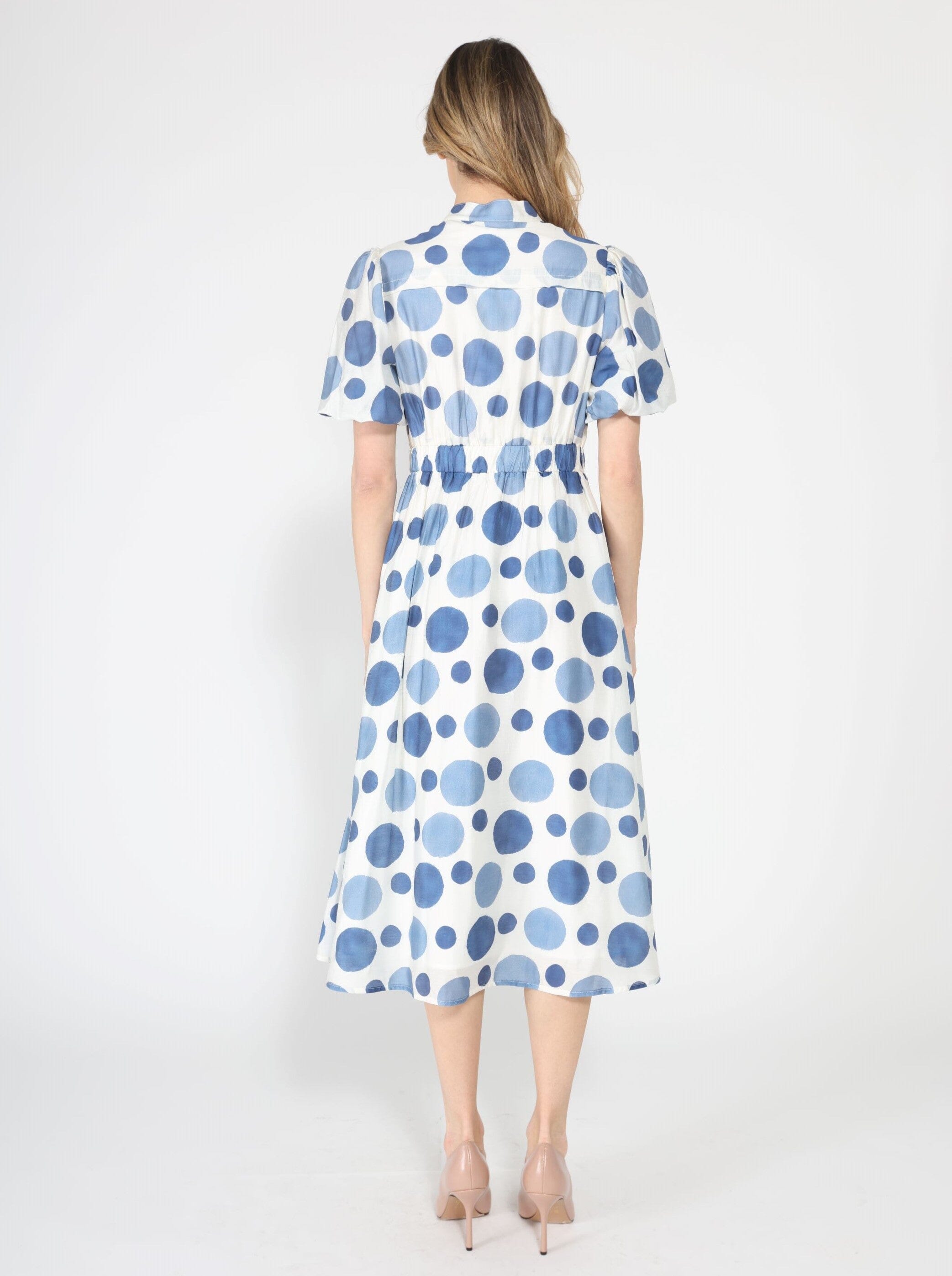 Dot print puff sleeve elastic back dress