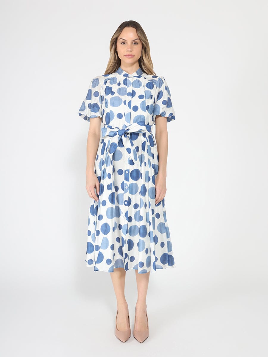 Dot print puff sleeve elastic back dress