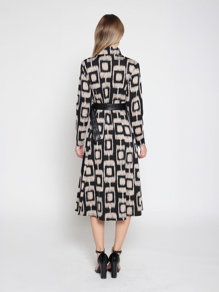 Double Breasted Long Sleeve Belted Print Dress