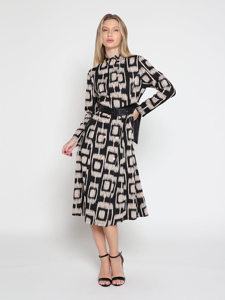 Double Breasted Long Sleeve Belted Print Dress