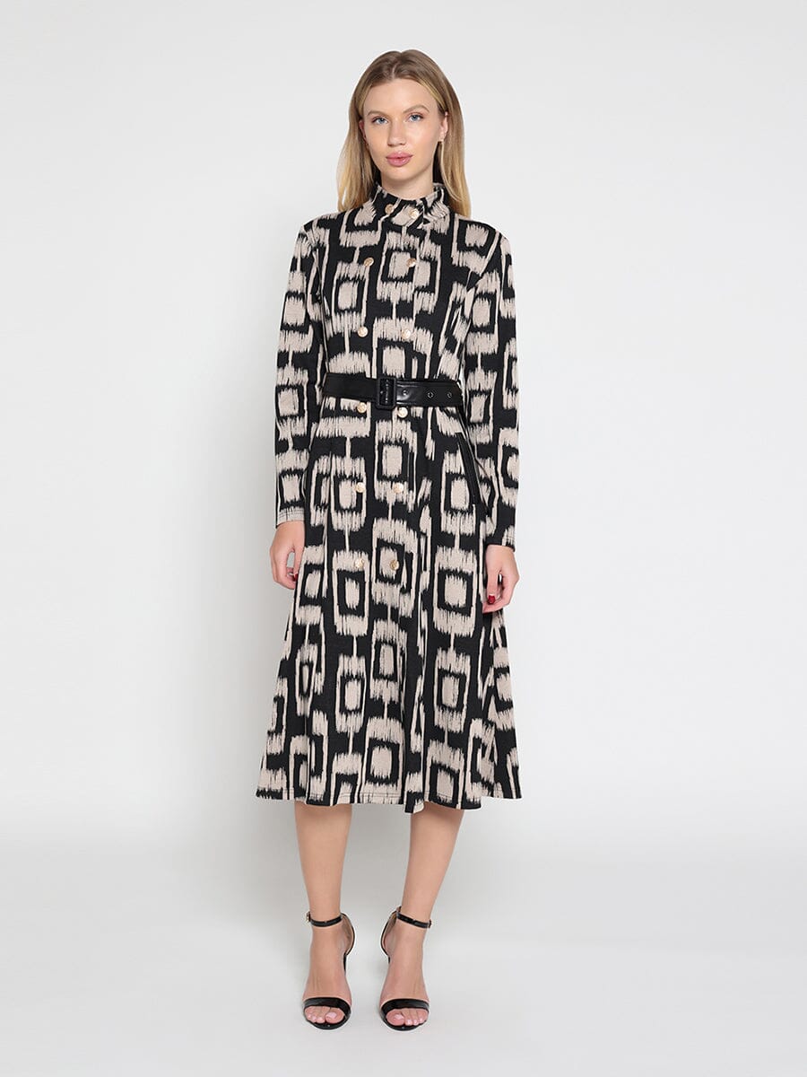 Double Breasted Long Sleeve Belted Print Dress
