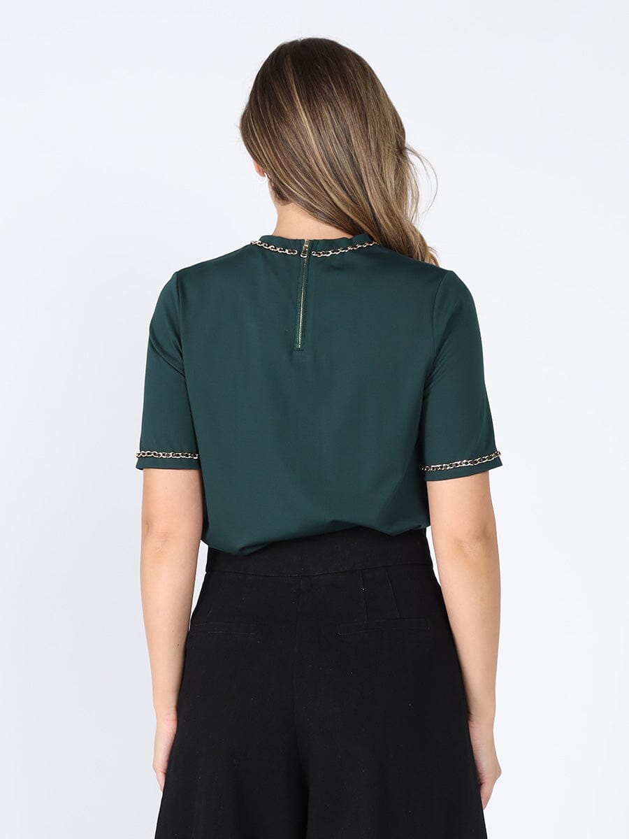 Gracia Fashion Women's Embellished Chain Link Trim Short Sleeve Top