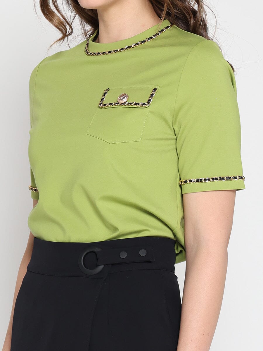 Embellished Chain Link Trim Short Sleeve Top