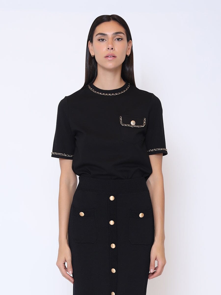 Embellished Chain Link Trim Short Sleeve Top