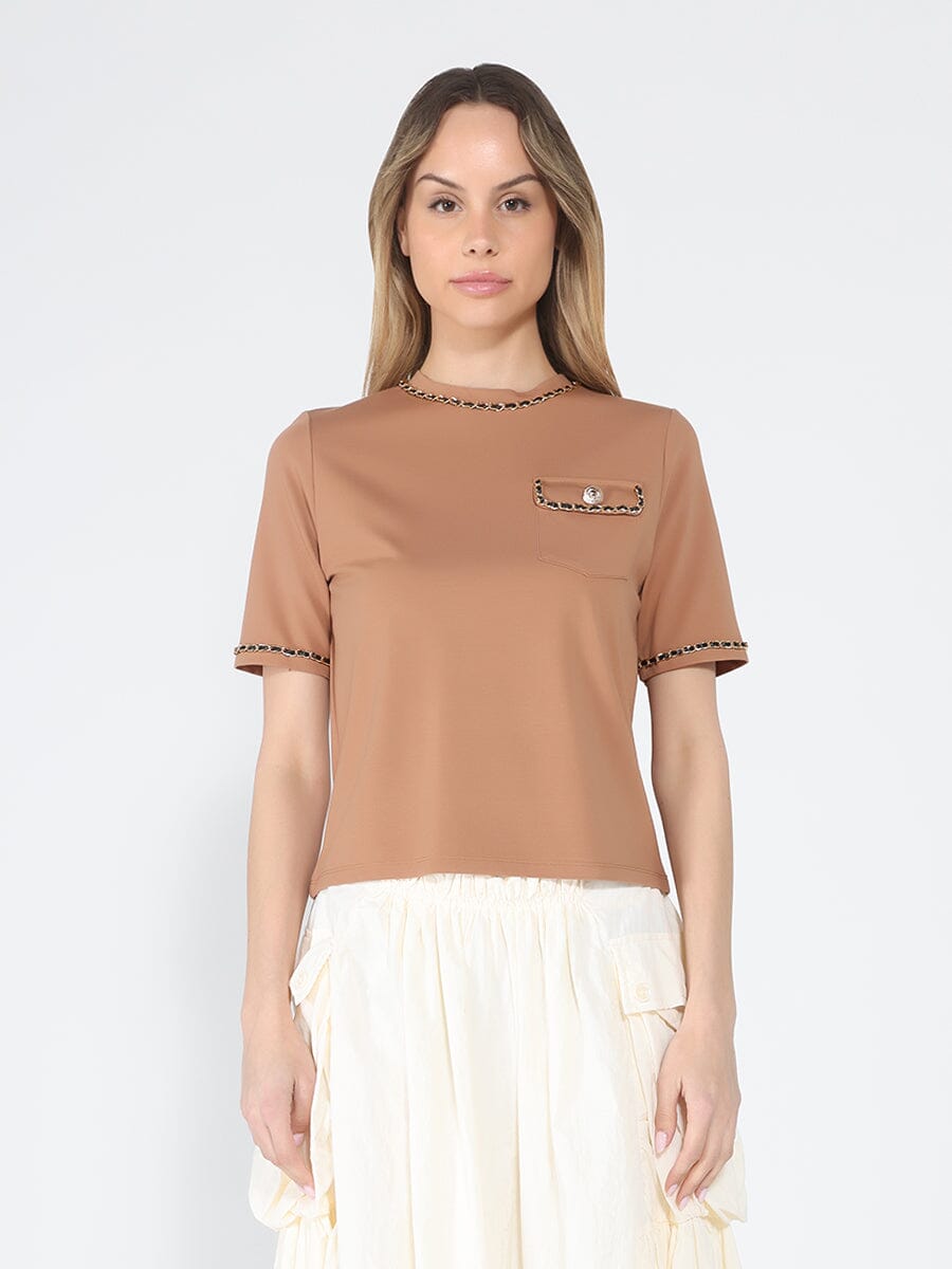 Gracia Fashion Women's Embellished Chain Link Trim Short Sleeve Top