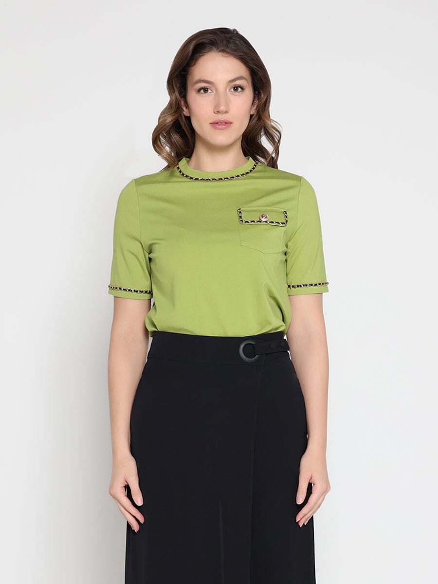 Gracia Fashion Women's Embellished Chain Link Trim Short Sleeve Top