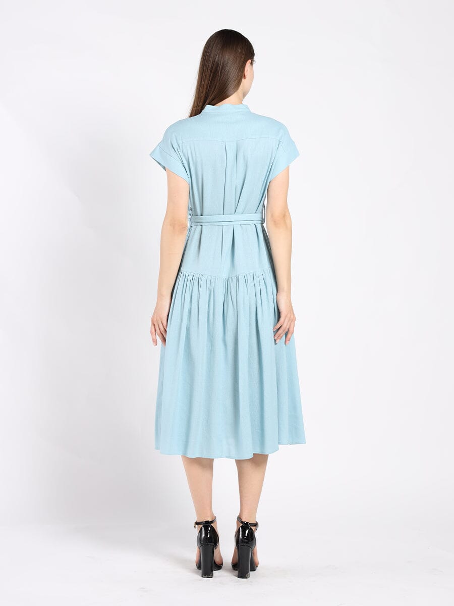 Embroidered Midi Dress with Cap Sleeves and Waist