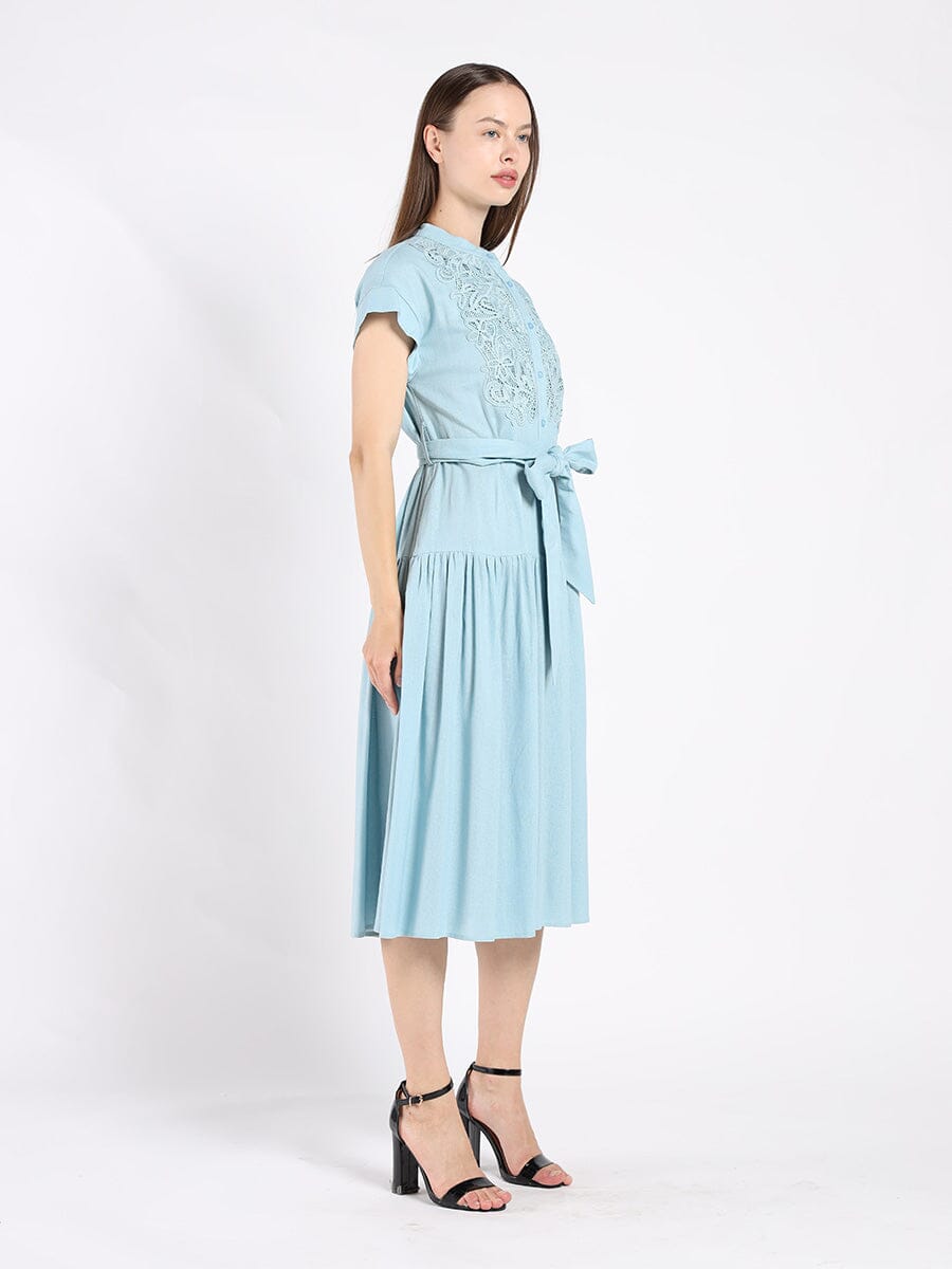 Embroidered Midi Dress with Cap Sleeves and Waist