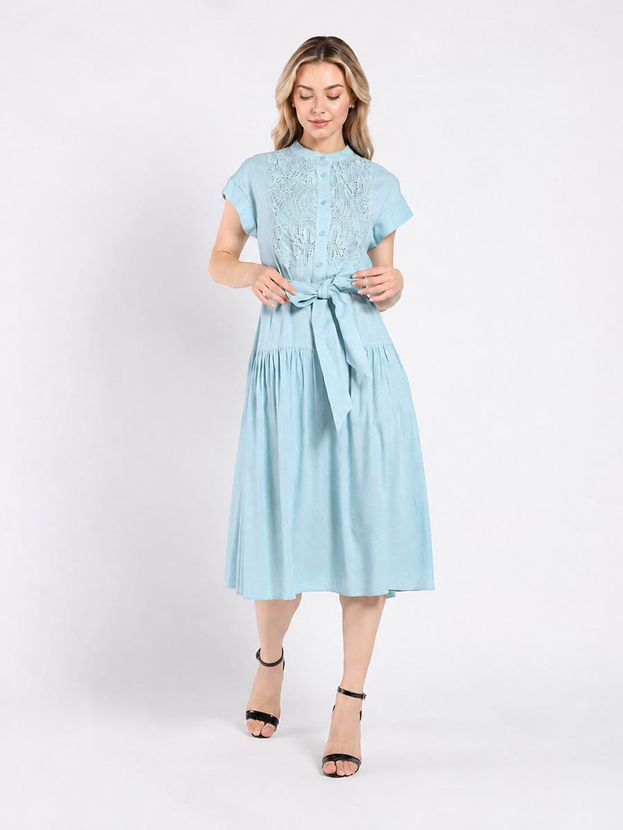 Embroidered Midi Dress with Cap Sleeves and Waist