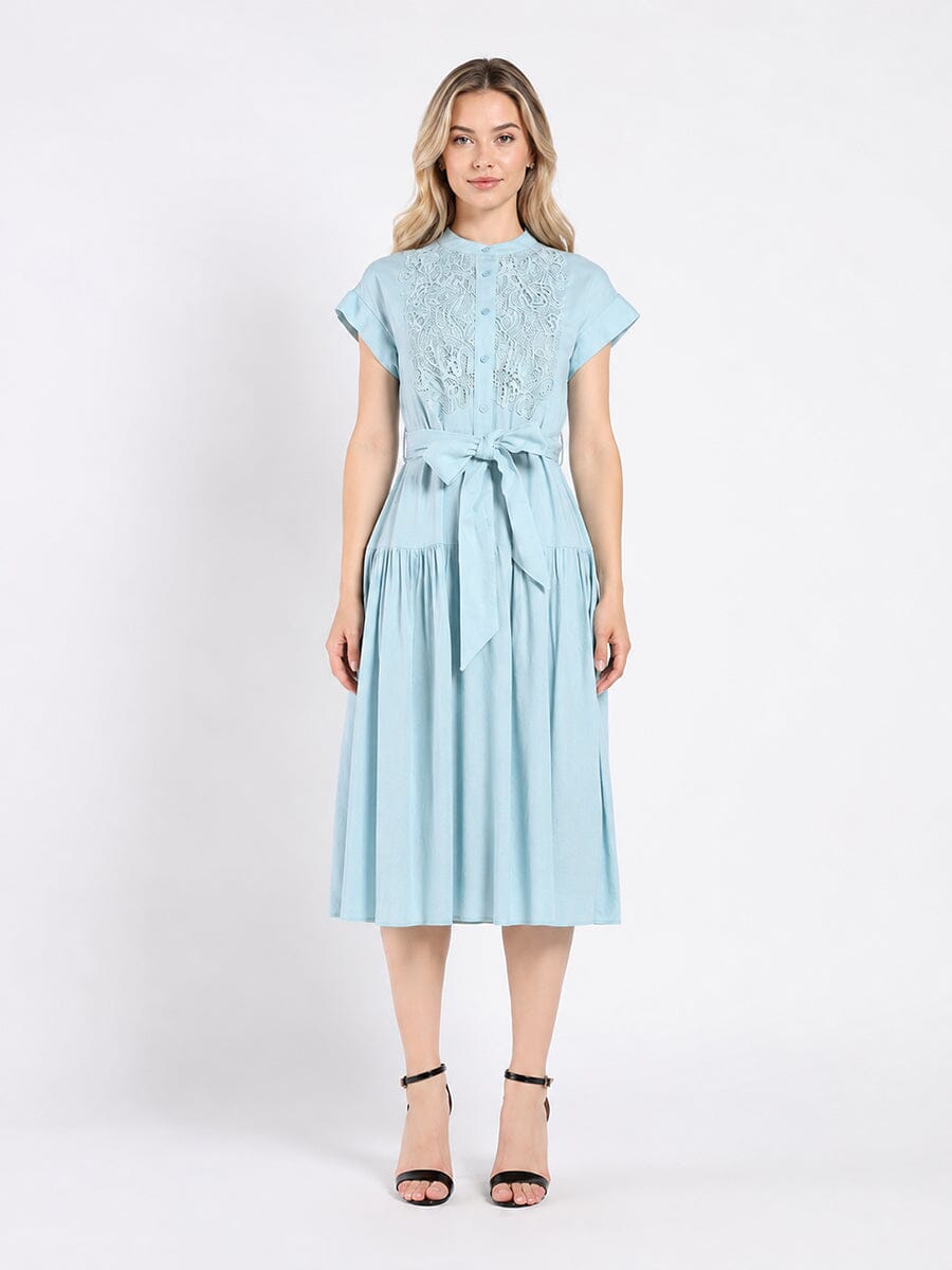 Embroidered Midi Dress with Cap Sleeves and Waist