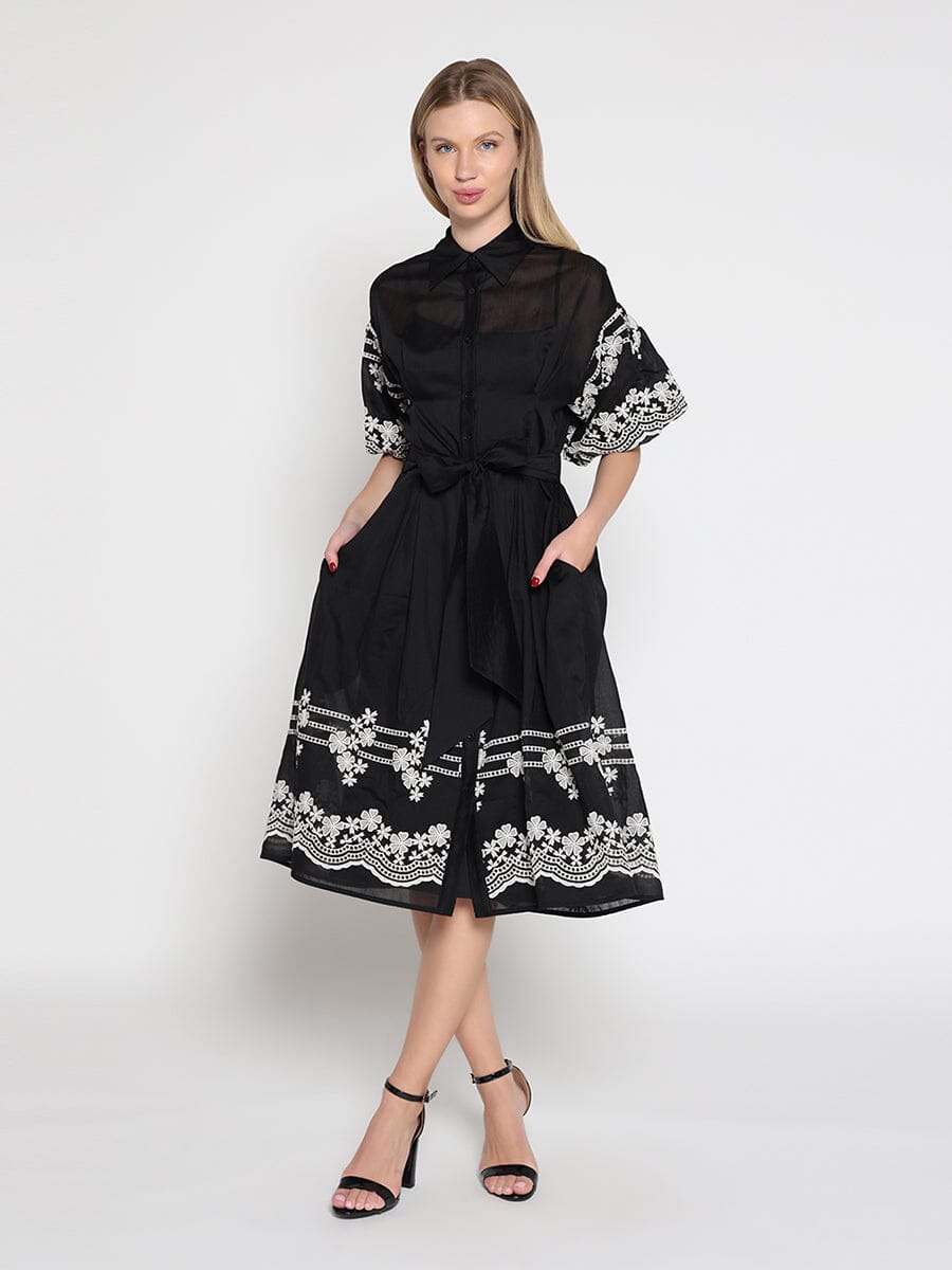 Embroidered sleeve &skirt bottom puff sleeve dress