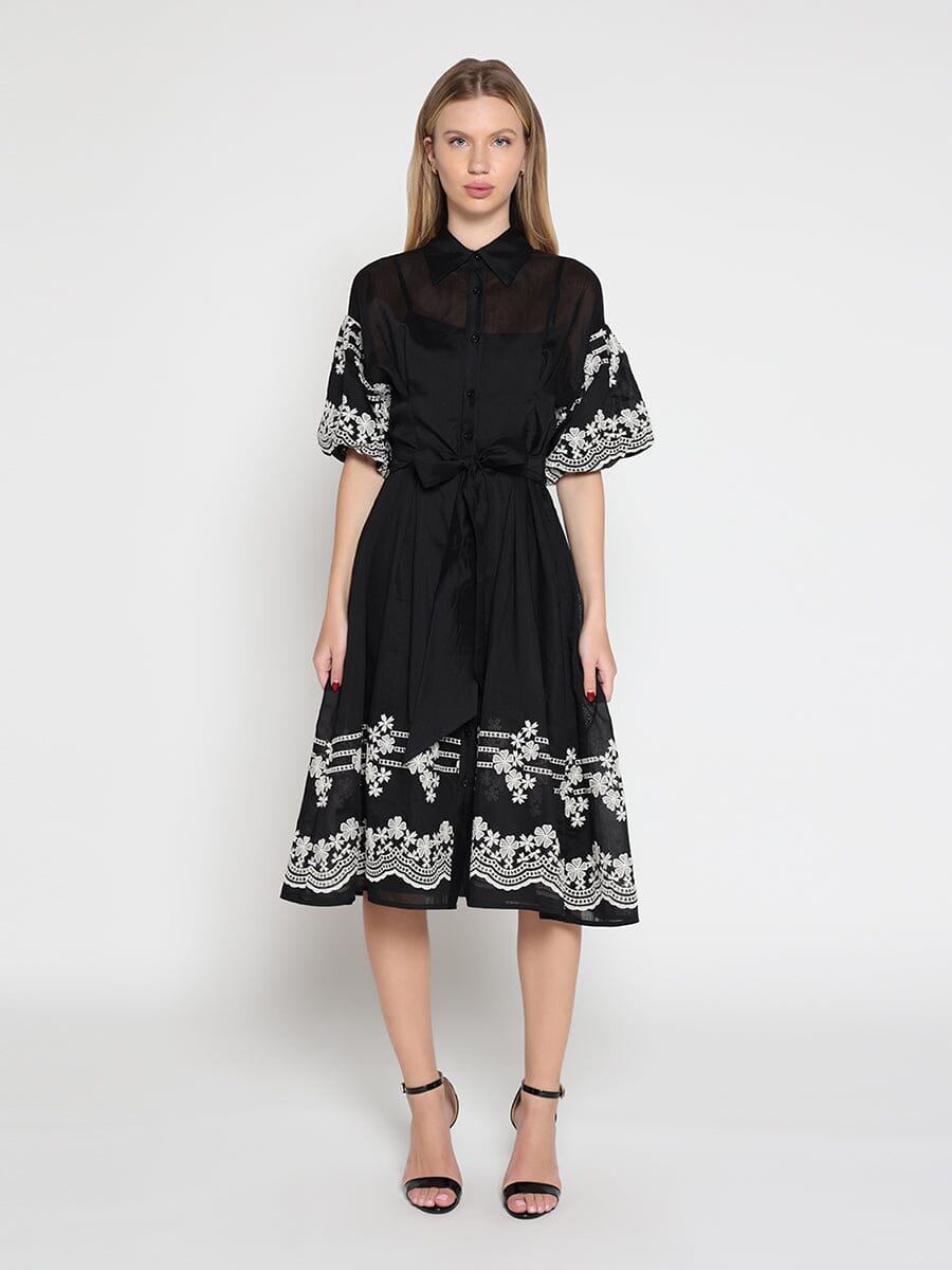 Embroidered sleeve &skirt bottom puff sleeve dress