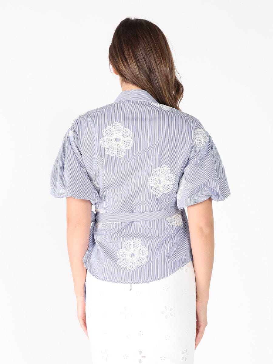 Embroidered Stripe Wrap Style Puff Sleeve Top