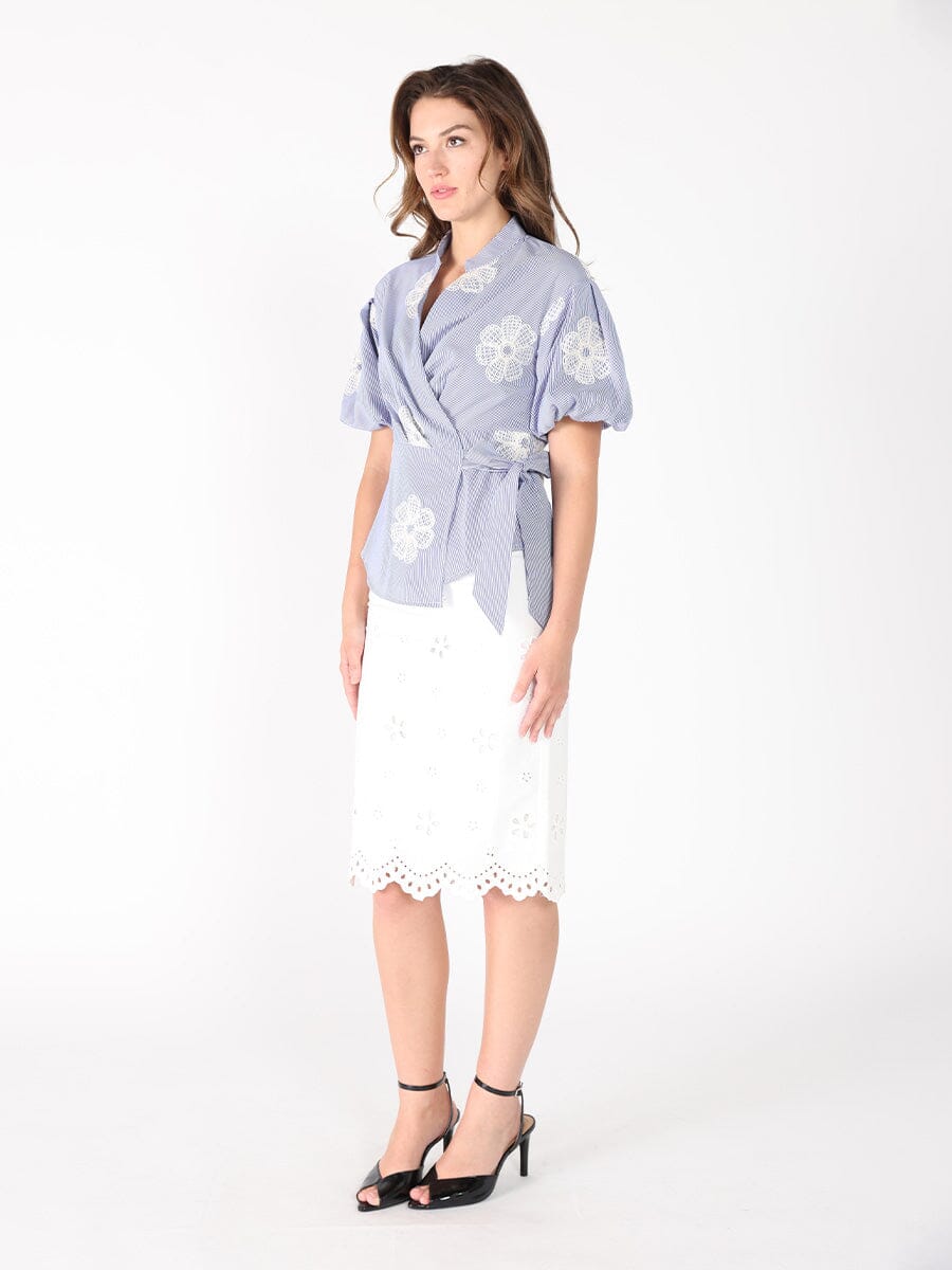 Embroidered Stripe Wrap Style Puff Sleeve Top
