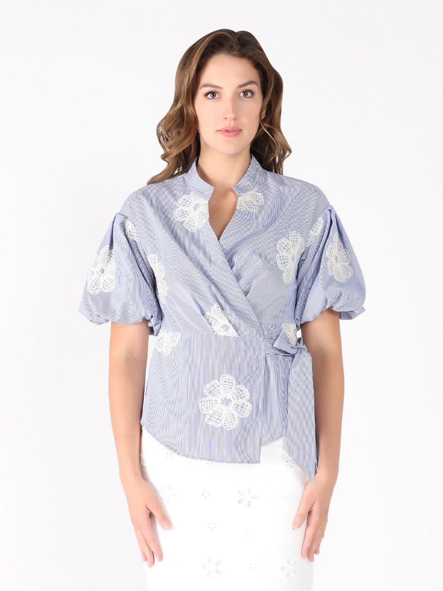 Embroidered Stripe Wrap Style Puff Sleeve Top