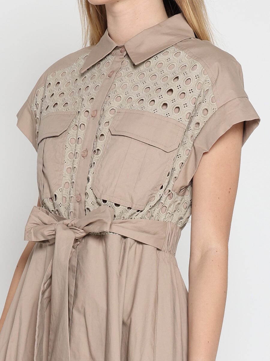 Eyelet And Solid Fabric Belt Dress