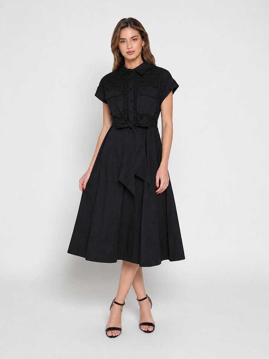 Eyelet And Solid Fabric Belt Dress